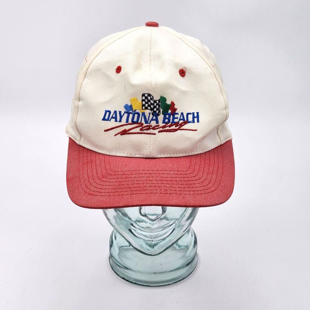 Vintage Daytona Beach Racing Adjustable Baseball Hat Cap Red White Race Car
